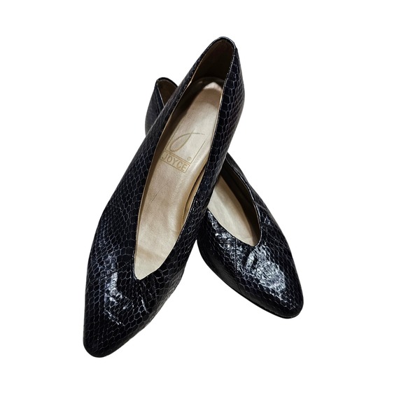 Joyce Shoes - Vtg Joyce Black Snake Embossed Leather Pointed Toe Heels Pumps Womens Size 7M